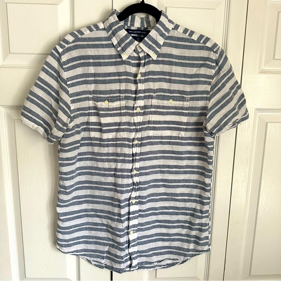 Old Navy Linen Blend Striped Short Sleeve Button Up Mens Shirt Sz M Preppy Beach - Picture 1 of 9